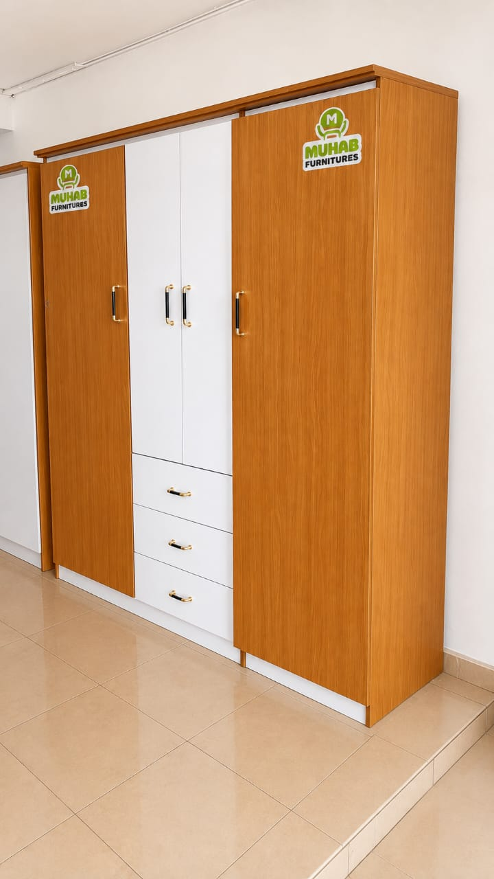 Wide wood-tone and white wardrobe with central doors and drawers